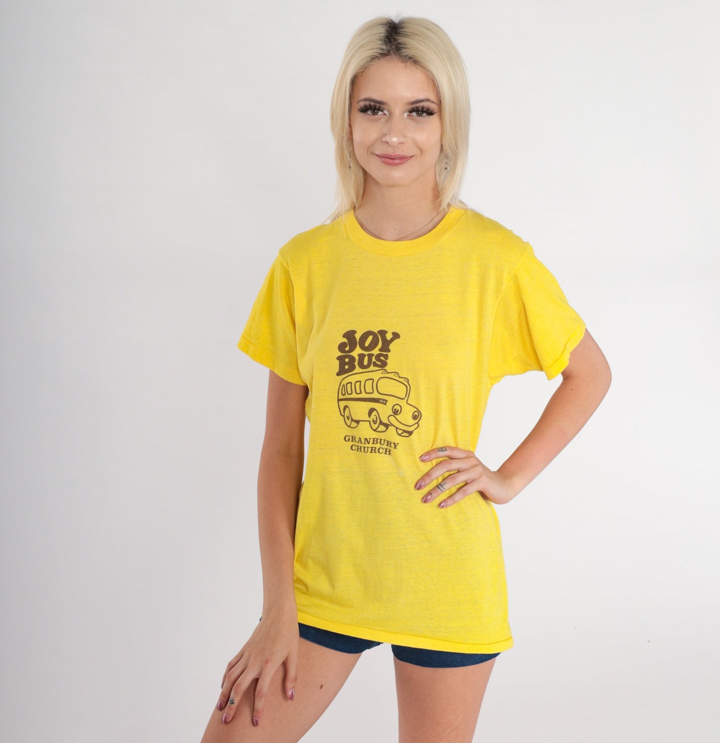 80s Granbury Church Joy Bus Graphic T-Shirt Yellow Christian Baptist Medium