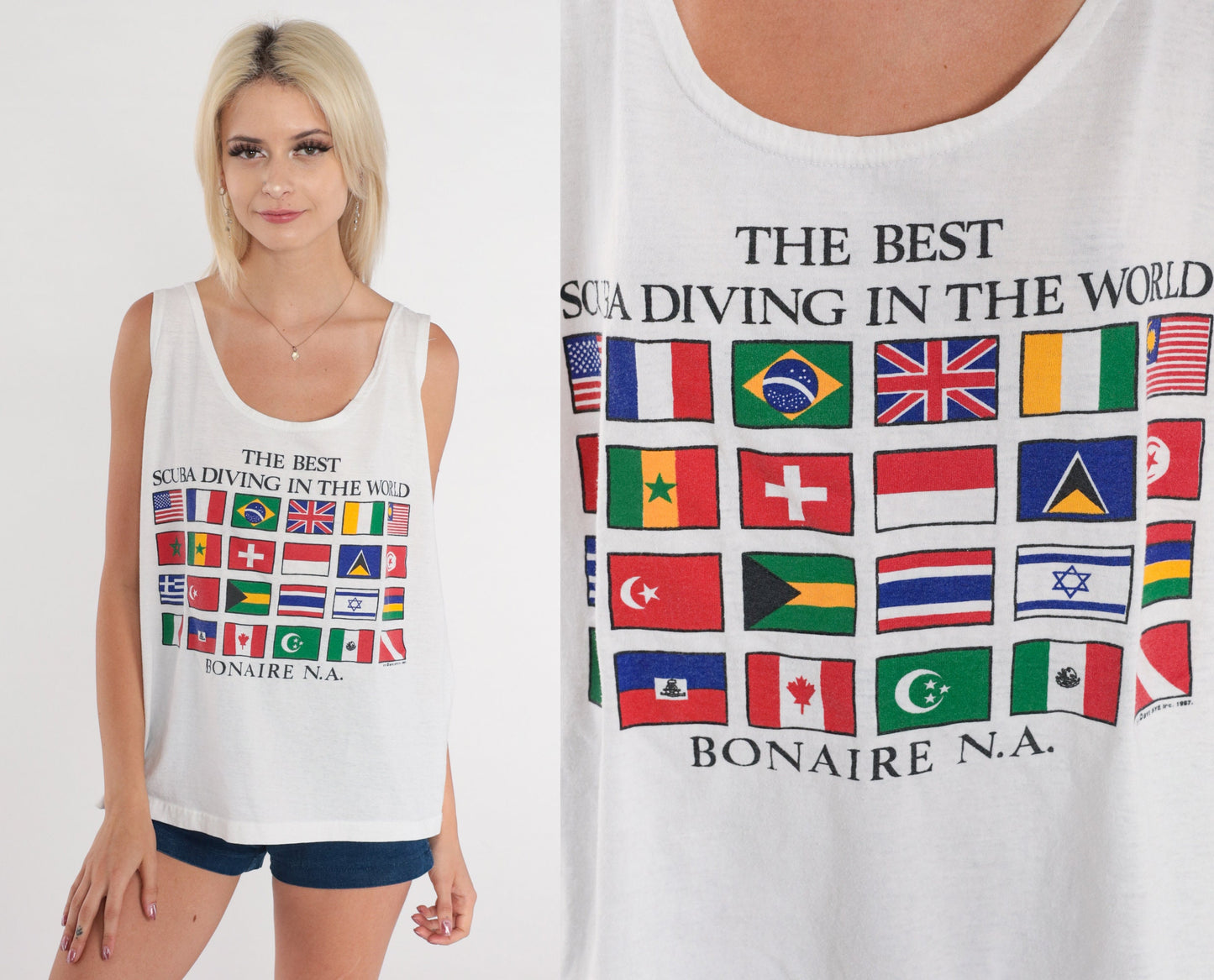 90s Bonaire Scuba Diving Flag Tank Top White Graphic Tee Large L