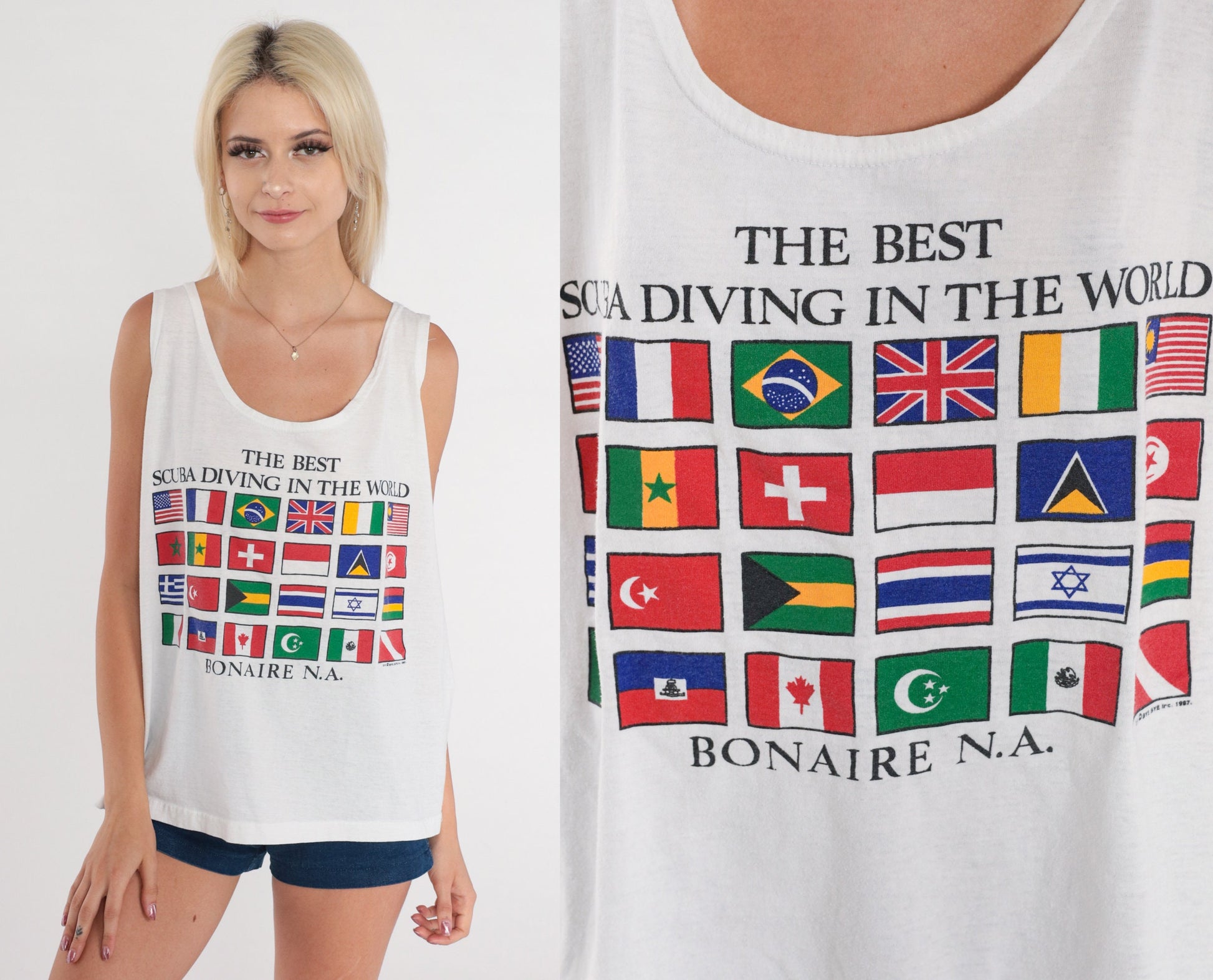 90s Bonaire Scuba Diving Flag Tank Top White Graphic Tee Large L