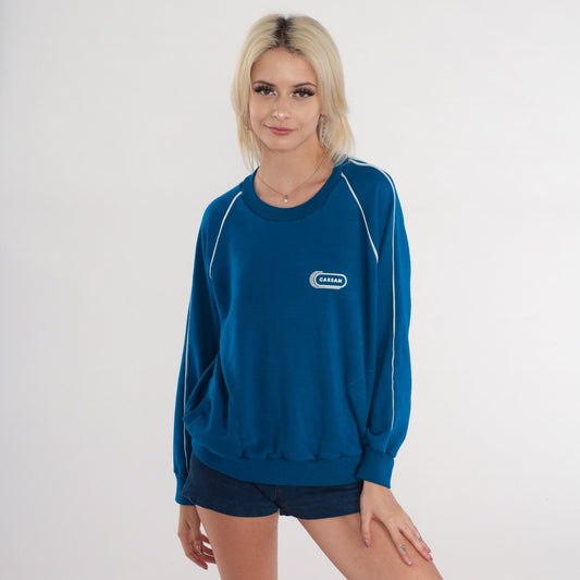 80s Carsan Graphic Sweatshirt Blue Raglan Crewneck Medium