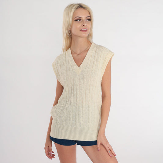 70s Cable Knit Sweater Vest Cream V-Neck Sleeveless Pullover Medium