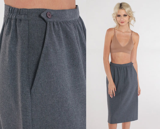 80s Charcoal Grey Pencil Skirt High Waist Midi Length Extra Small
