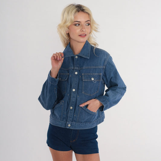 70s Blue Denim Jacket Collared Button-Up Jean Coat Small S
