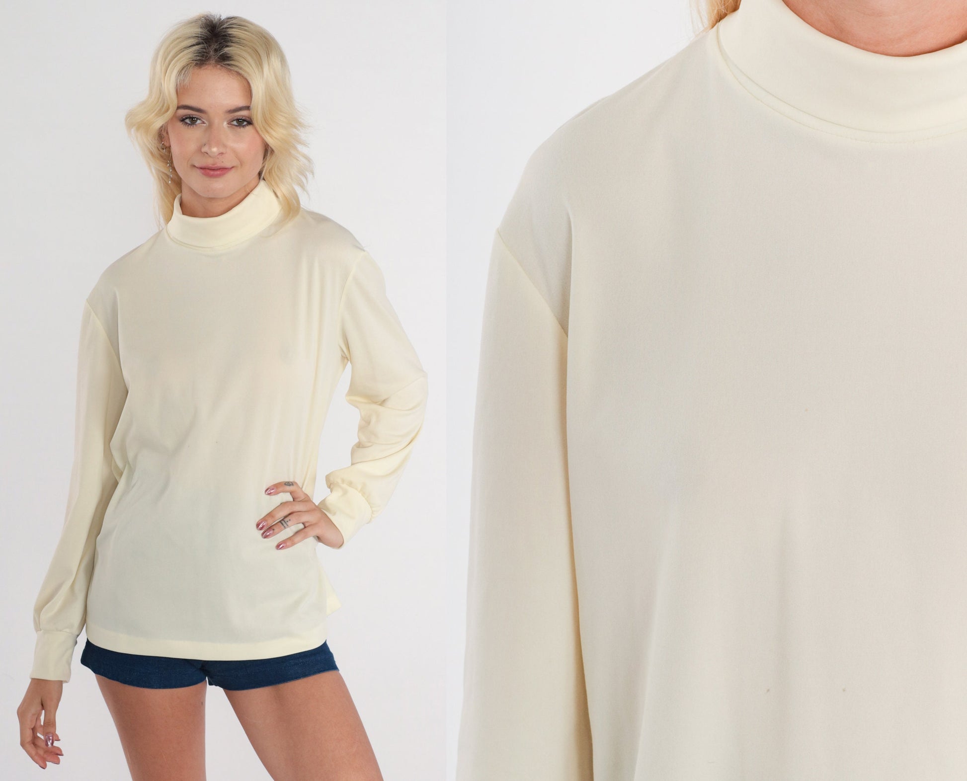 70s Cream Mock Neck Blouse Long Balloon Sleeve Shirt Large L