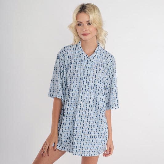 90s Geometric Circle Print Button-Up Shirt Blue White Abstract Short Sleeve Extra Large
