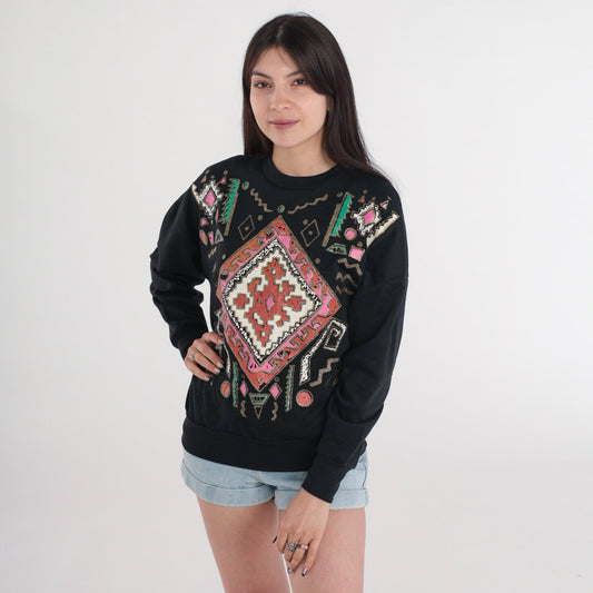 90s Southwestern Geometric Glitter Sweatshirt Black Gold Crewneck Small Medium