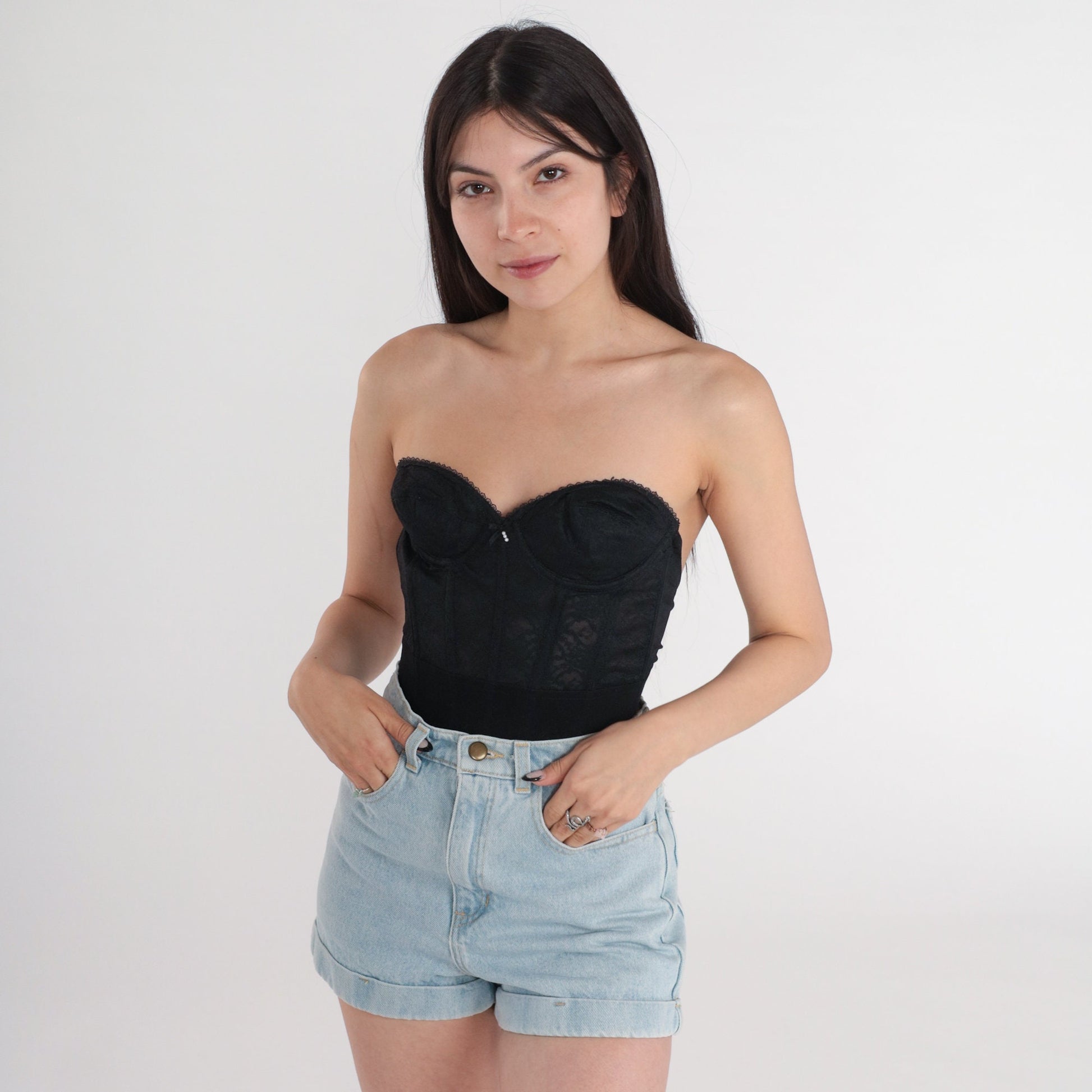 80s Black Lace Bustier Corset Boned Strapless Sweetheart Bra 32B