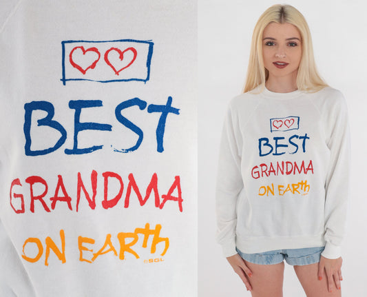 90s Best Grandma On Earth Graphic Sweatshirt White Raglan Small