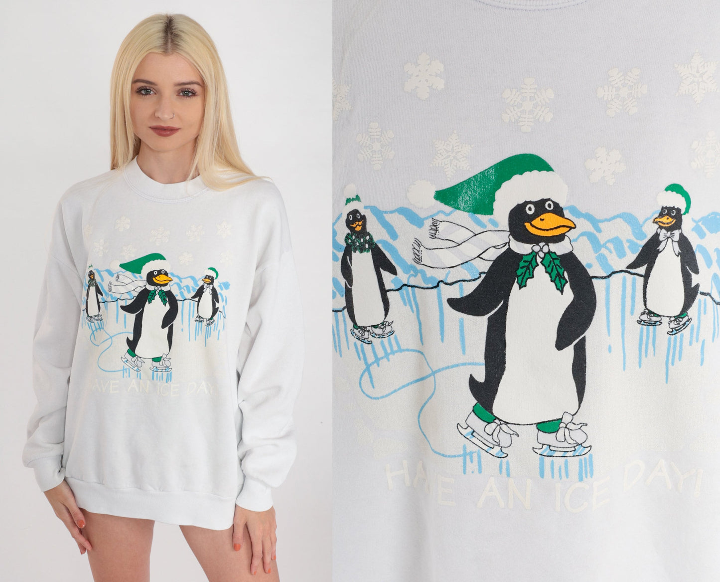 90s Penguin Ice Skating Graphic Sweatshirt White Crewneck Extra Large XL