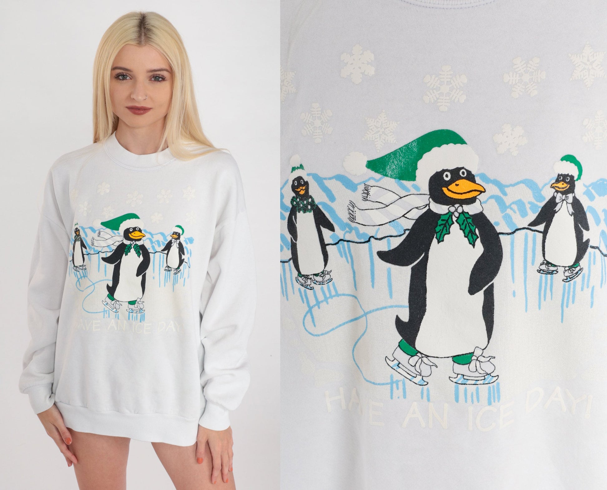 90s Penguin Ice Skating Graphic Sweatshirt White Crewneck Extra Large XL