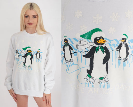 90s Penguin Ice Skating Graphic Sweatshirt White Crewneck Extra Large XL