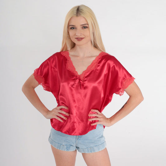 90s Victoria's Secret Red Lace Pajama Top V-Neck Short Sleeve Medium M