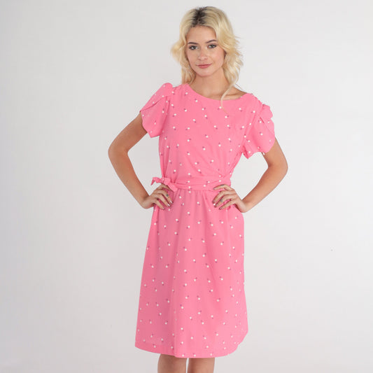 70s Pink Floral Midi Dress Puff Sleeve High Waist Tie Belt Knee Length Medium M