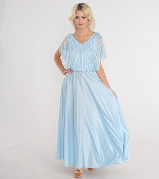 70s Baby Blue Maxi Dress Grecian High Waisted Flutter Sleeve Small XS