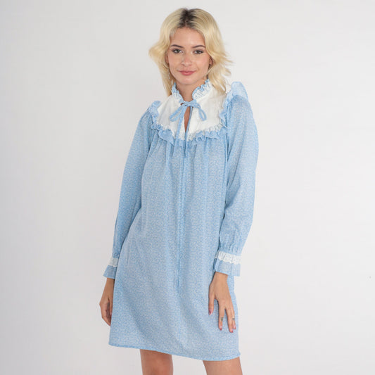 80s Blue Floral Mini Dress Eyelet Bib Puff Sleeve Calico Extra Small