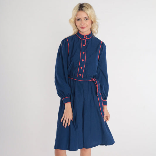 80s Navy Blue Shirtwaist Dress Puff Sleeve Mock Neck Belted Knee Length Extra Small