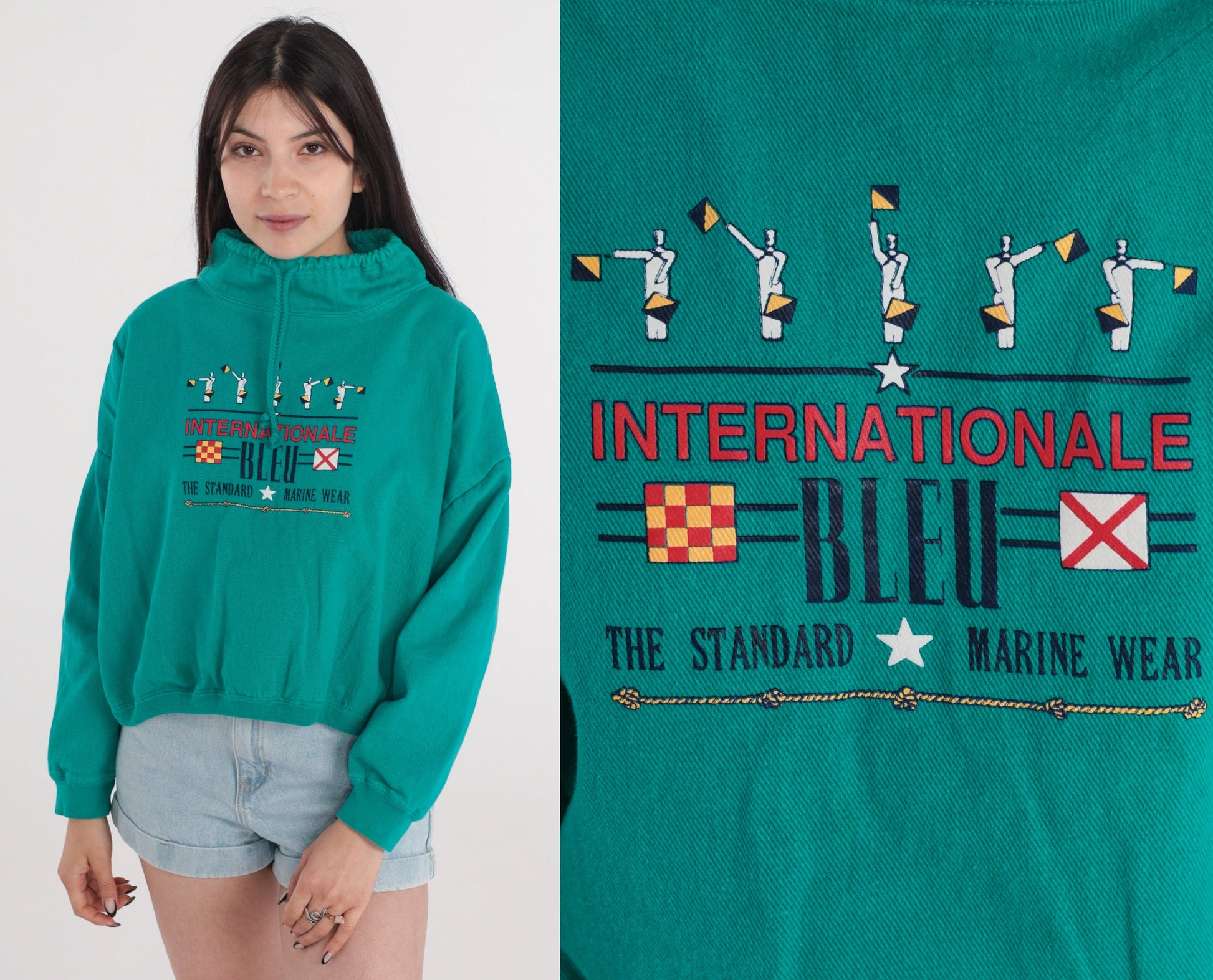 90s Internationale Bleu Nautical Cotton Sweatshirt Green Funnel Neck Small Medium