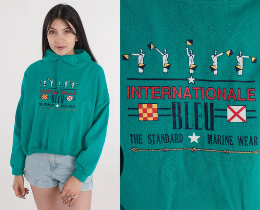90s Internationale Bleu Nautical Cotton Sweatshirt Green Funnel Neck Small Medium