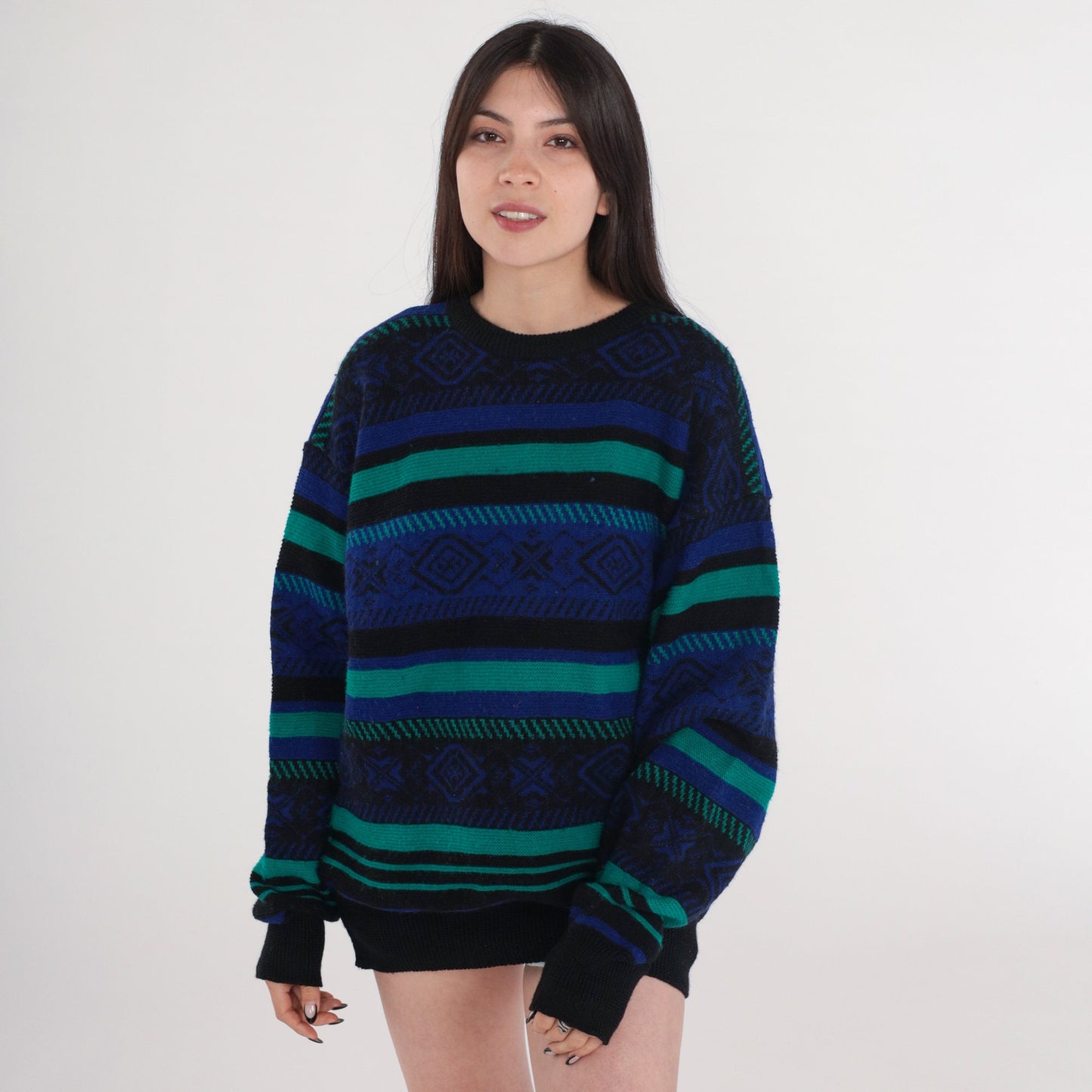 90s Meister Geometric Striped Sweater Black Purple Green Wool Blend Medium