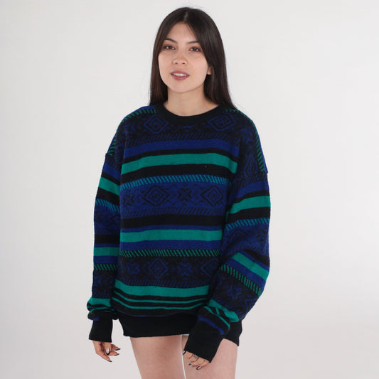 90s Meister Geometric Striped Sweater Black Purple Green Wool Blend Medium