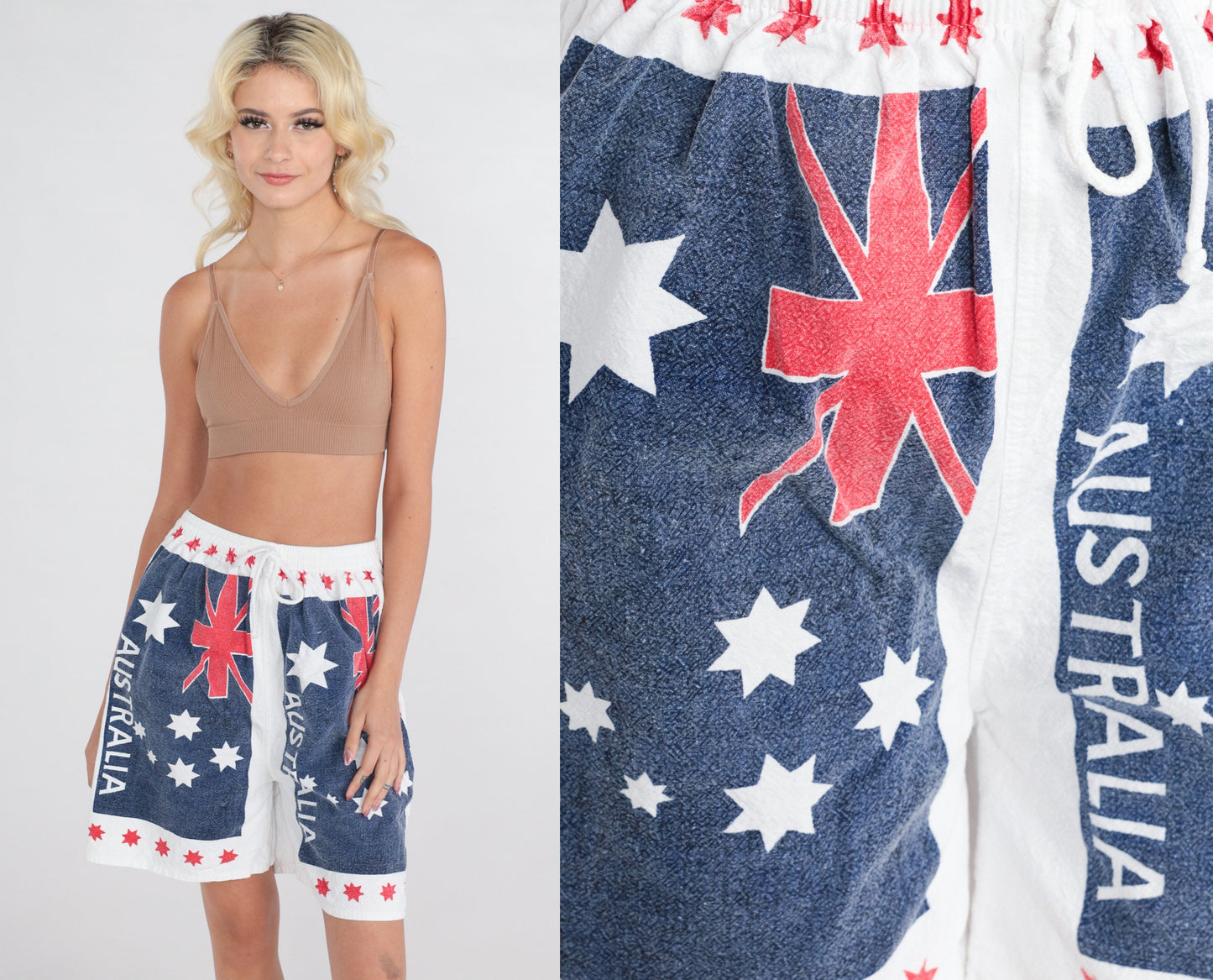 90s Australia Flag Print Drawstring Shorts Cotton High Waist Small Medium