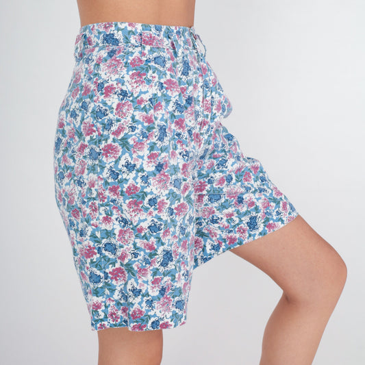 90s Hunters Run Floral Shorts High Waist White Blue Pink Knee Length Small