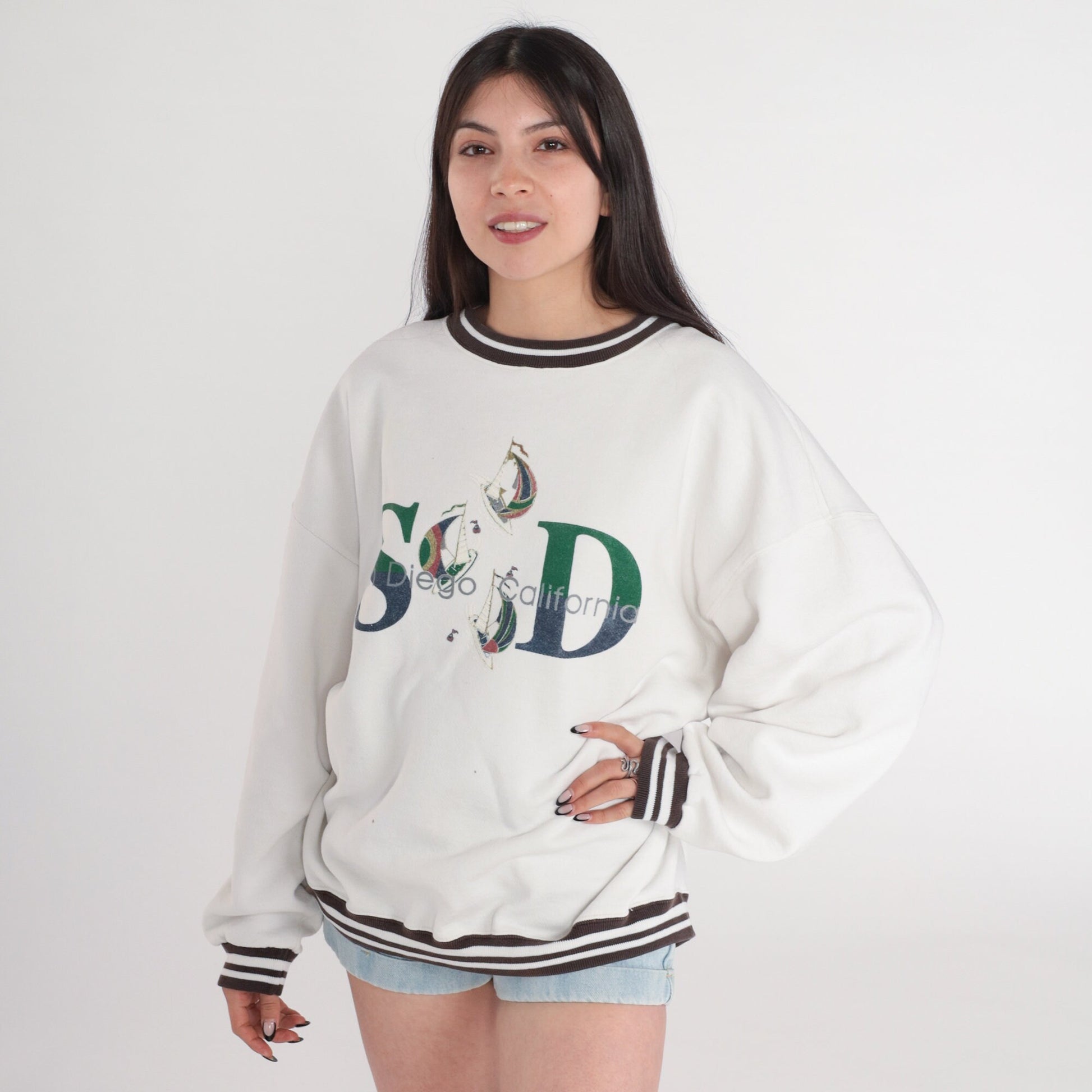 90s San Diego Sailboat Sweatshirt White Brown Graphic Ringer Neck XXL
