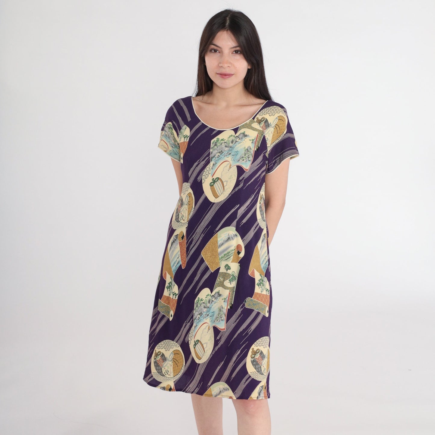 90s Japanese Landscape Purple Shift Dress Mini Short Sleeve Small S