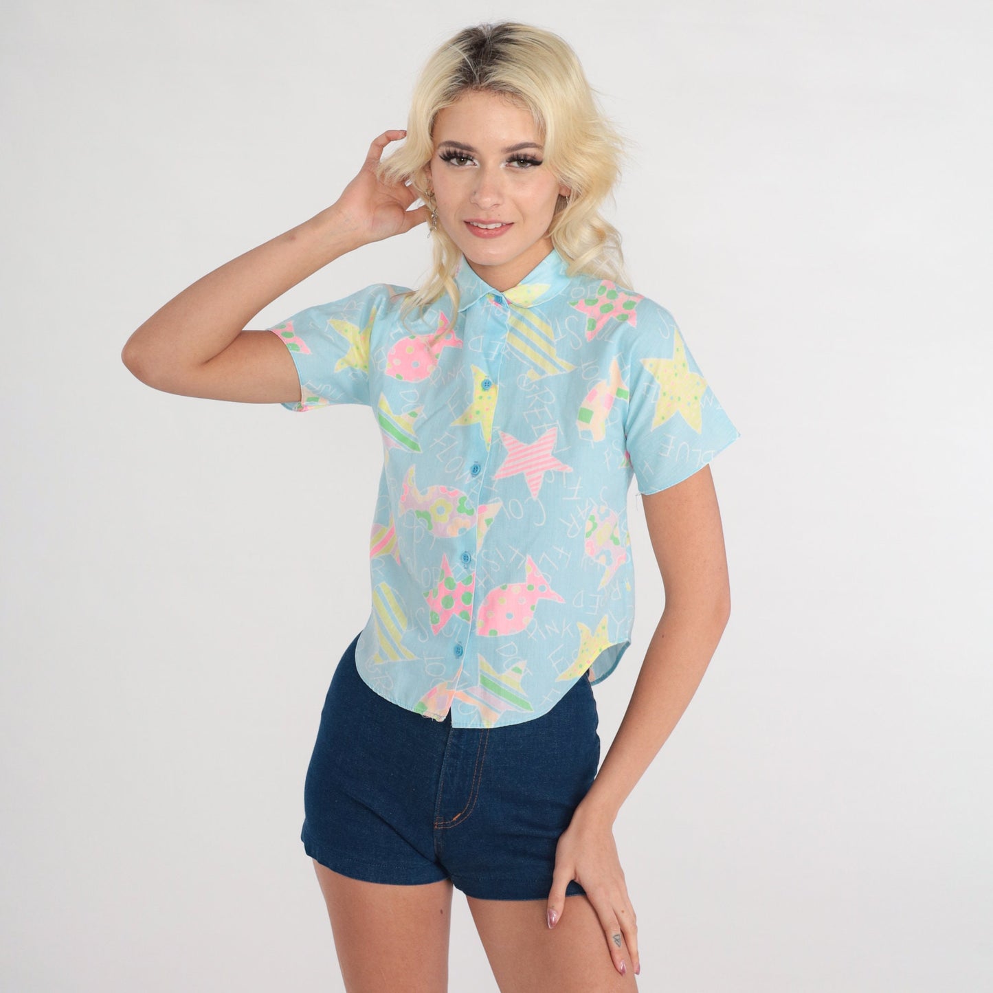 90s School Print Button-Up Blouse Star Fish Chalkboard Blue 2XS