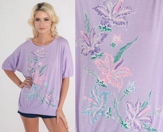 80s Purple Floral Painted Lily Graphic Tee Banded Hem Short Sleeve Medium
