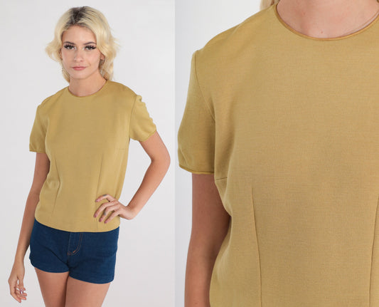 60s Wool Blend Knit Blouse Yellow Tan Short Sleeve Mod Shirt Small