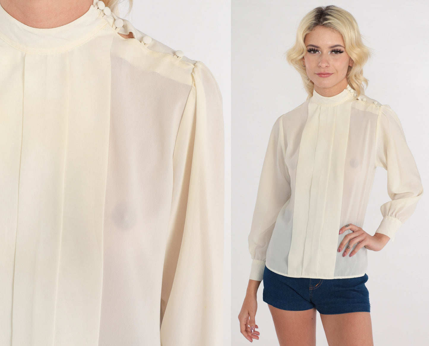 80s Cream Pleated Blouse High Neck Long Sleeve Button Shoulder Extra Small