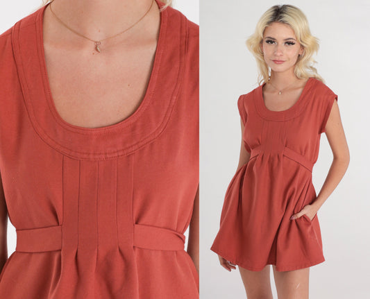 70s Rust Sleeveless Tunic Top Empire Waist Tie Belt Scoop Neck Small Medium