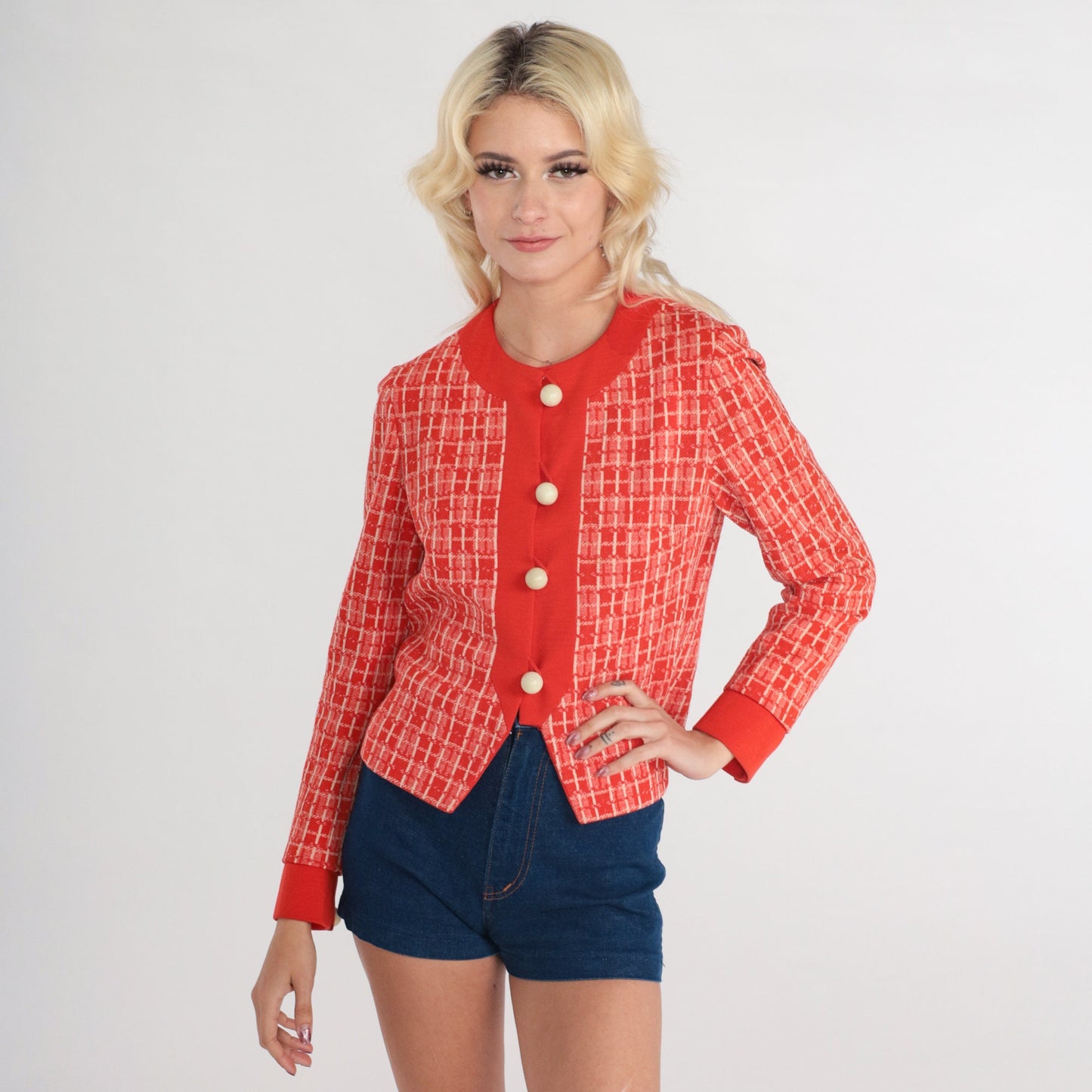 60s Pierre Delaneau Red Checkered Wool Blazer Button-Up Jacket Extra Small