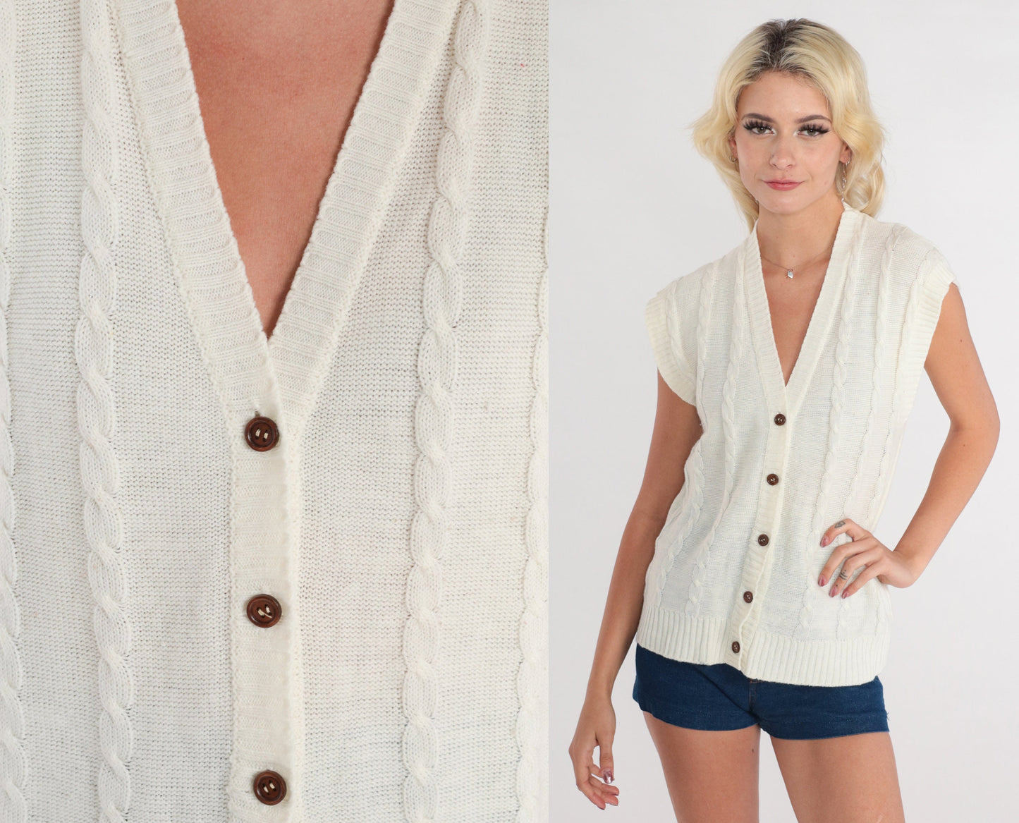 70s White Cable Knit Sweater Vest Button-Up Cap Sleeve Small