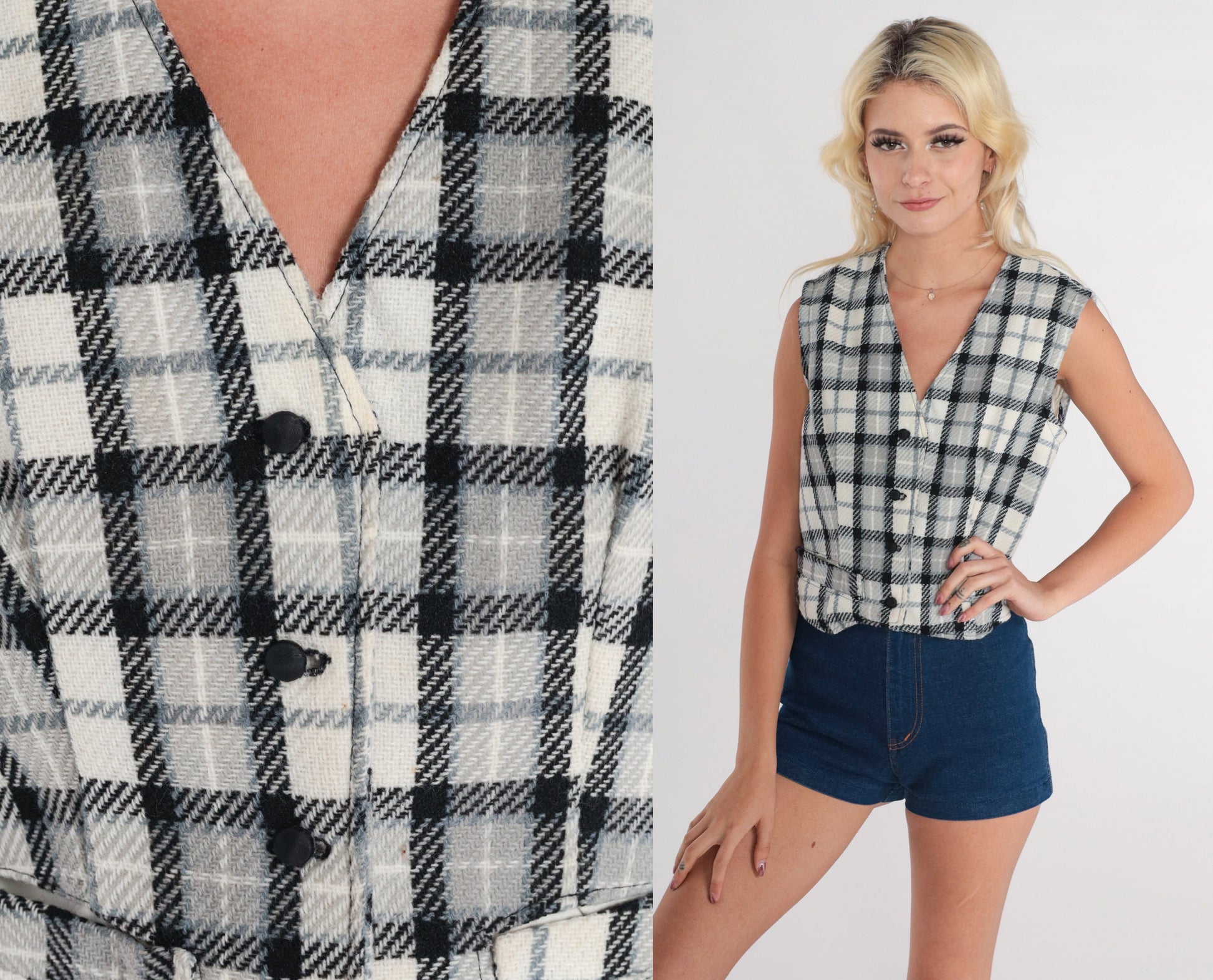 80s Black White Plaid Cropped Vest Button-Up Sleeveless Small