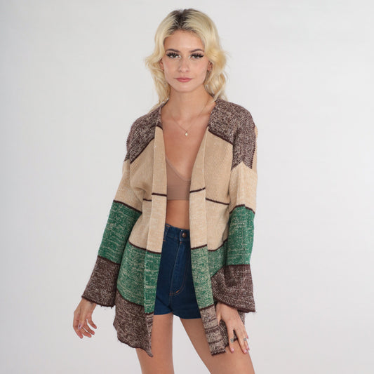 70s Striped Cardigan Open Front Knit Sweater Brown Beige Green Medium Large