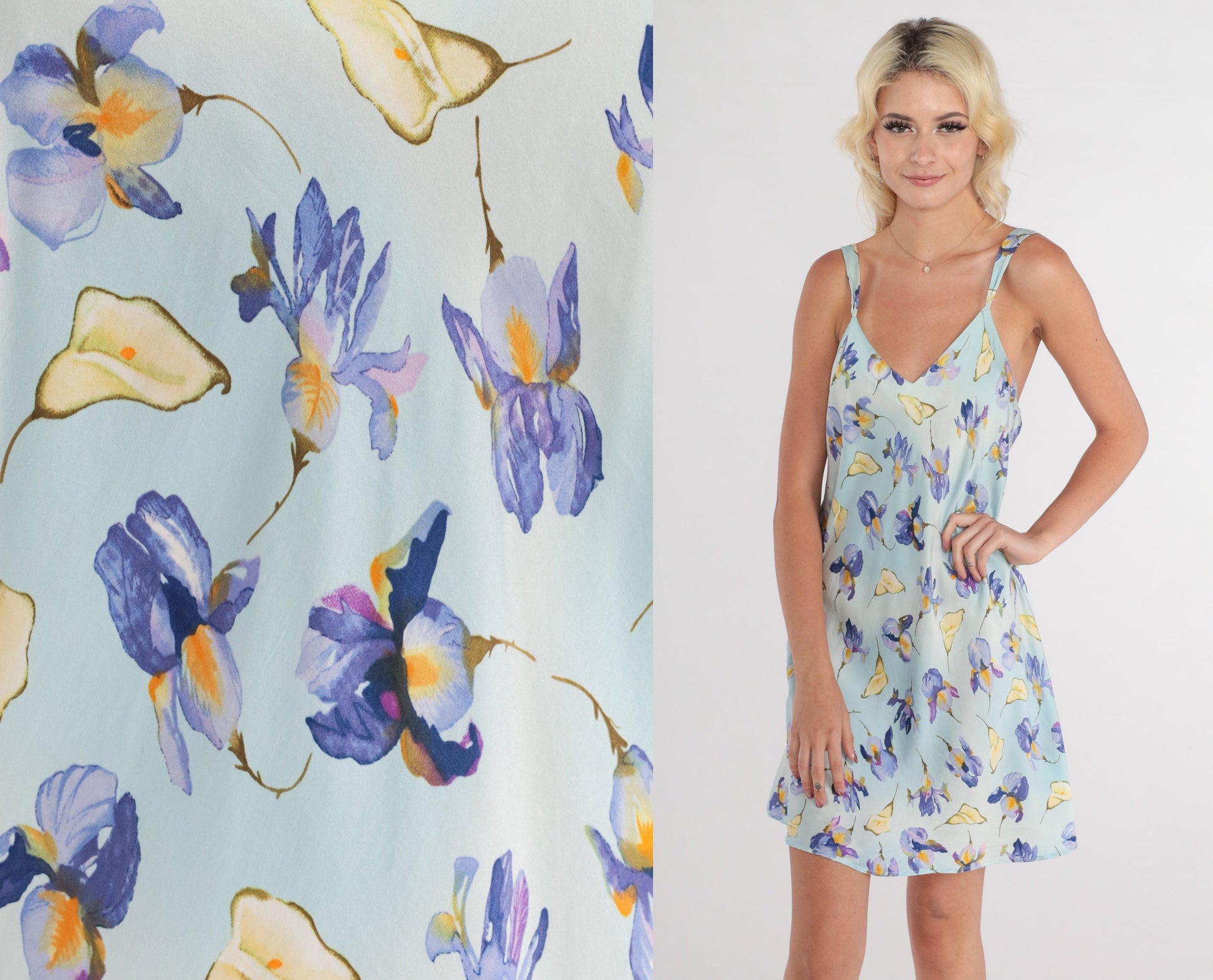 00s Blue Floral Silk Slip Dress Mini Sleeveless Nightgown Medium M