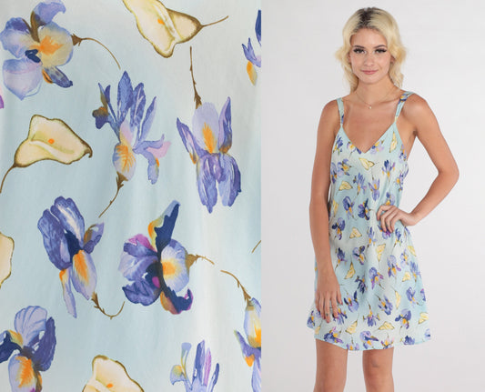 00s Blue Floral Silk Slip Dress Mini Sleeveless Nightgown Medium M