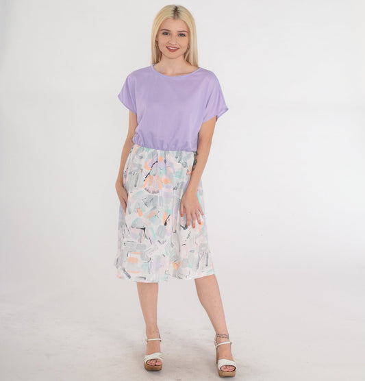 80s Purple Midi Dress Abstract Brushstroke Print High Waist Short Sleeve Medium