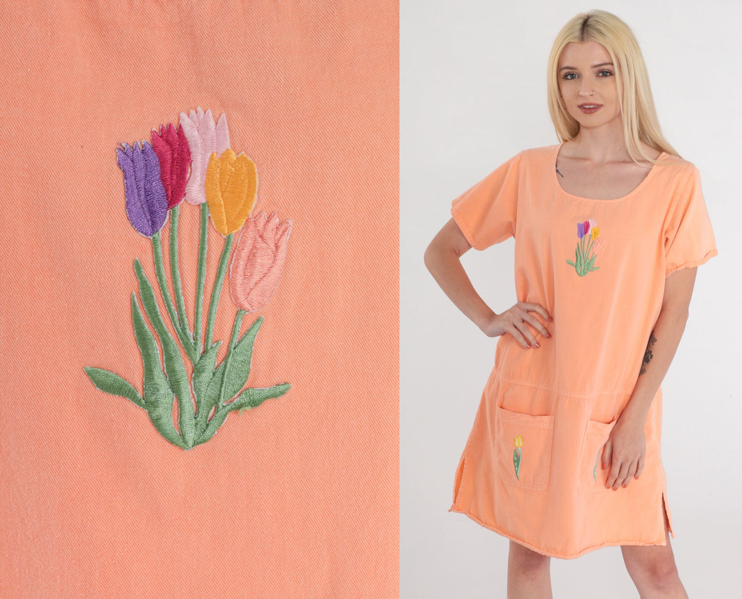 90s Tulip Embroidered Mini Dress Peach Orange Cotton Shift Pockets Medium M