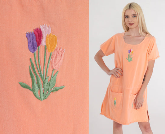 90s Tulip Embroidered Mini Dress Peach Orange Cotton Shift Pockets Medium M