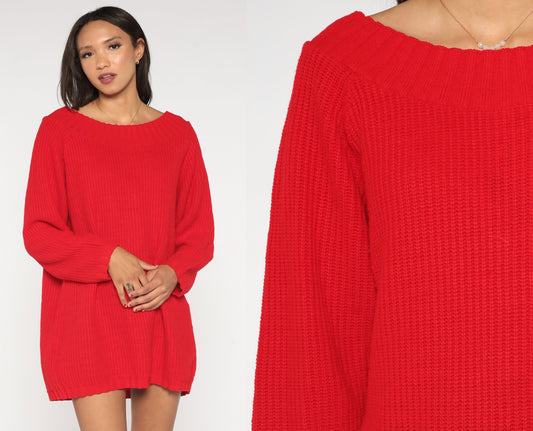 80s Red Ribbed Knit Sweater Wide Neckline Slouchy Pullover Large L