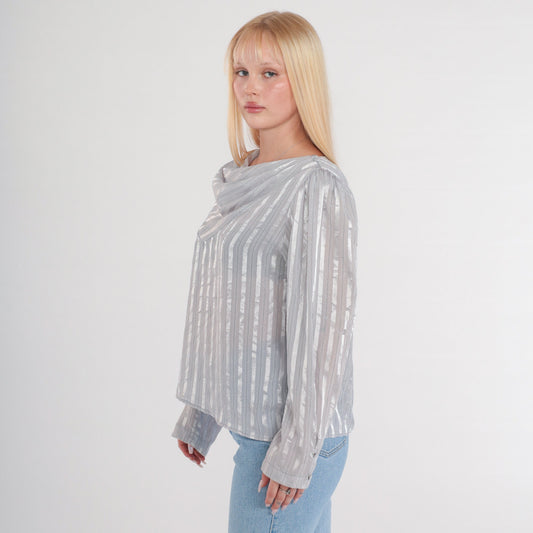 80s Metallic Silver Striped Cowl Neck Blouse Long Sleeve Semi-Sheer Large L