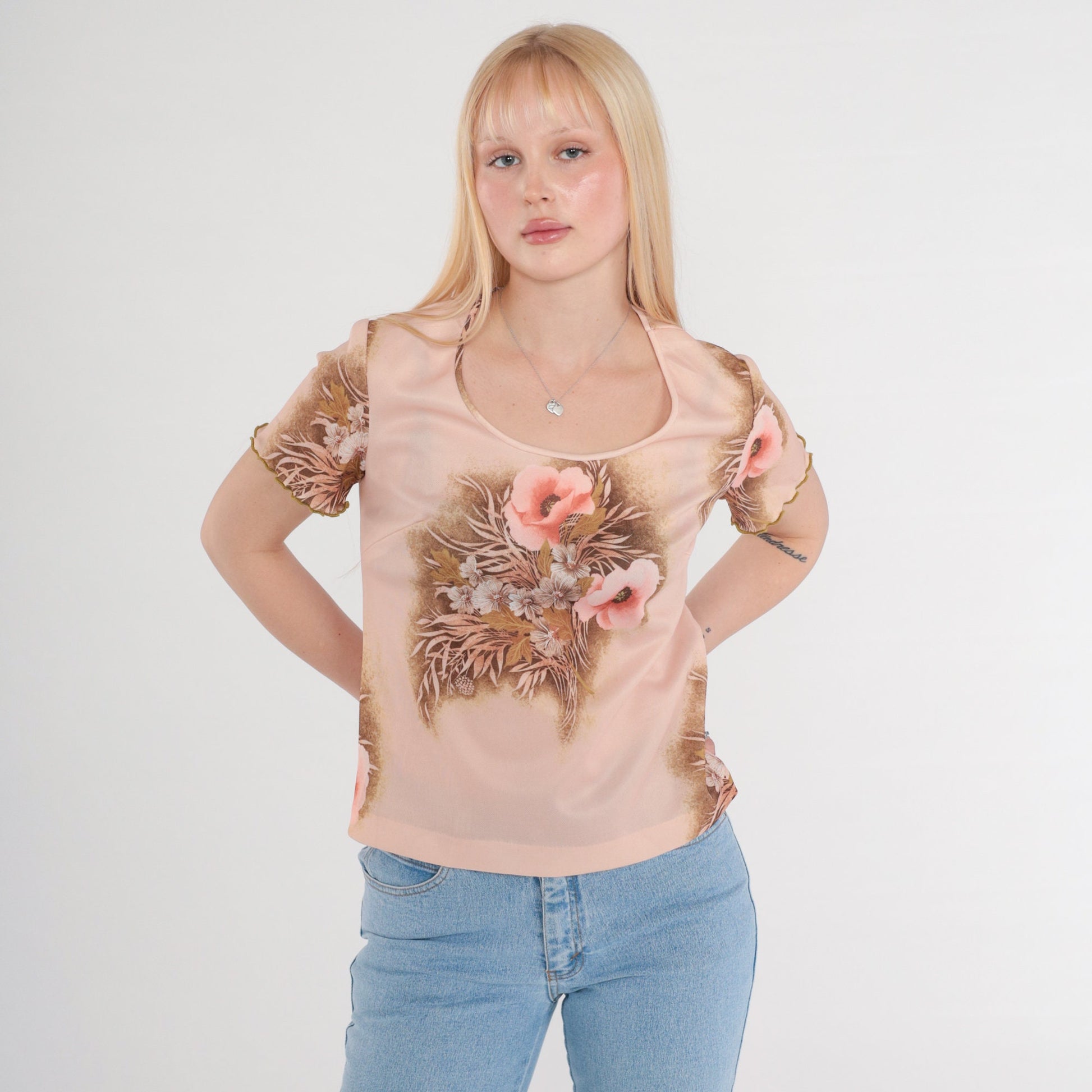 70s Pink Floral Graphic Tee Scoop Neck Lettuce Edge Short Sleeve Small