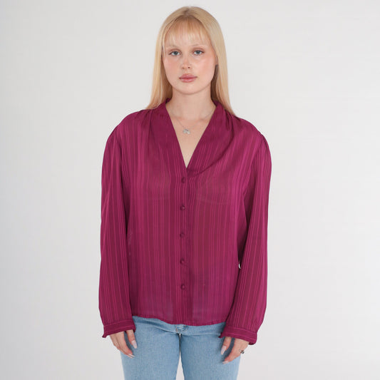 80s Purple Striped Semi-Sheer Blouse V-Neck Button-Up Long Sleeve Medium