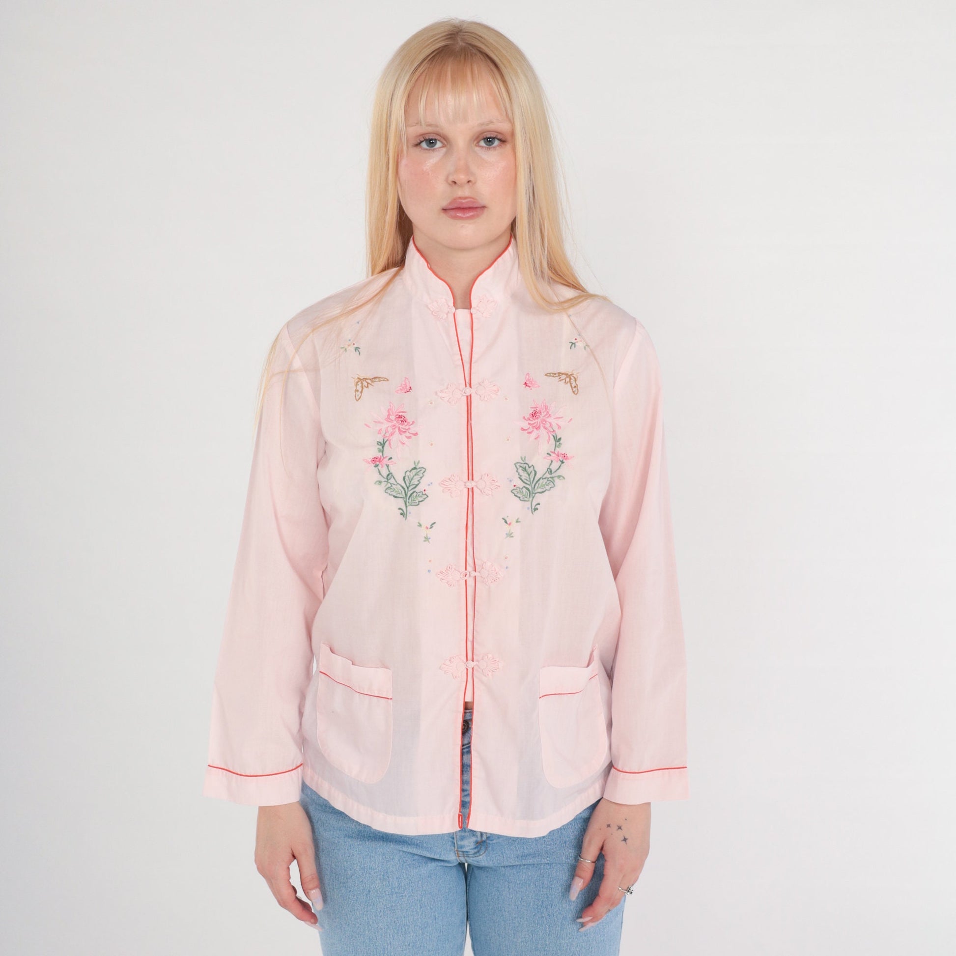 80s Baby Pink Mandarin Collar Blouse Butterfly Floral Embroidered Frog Button Small