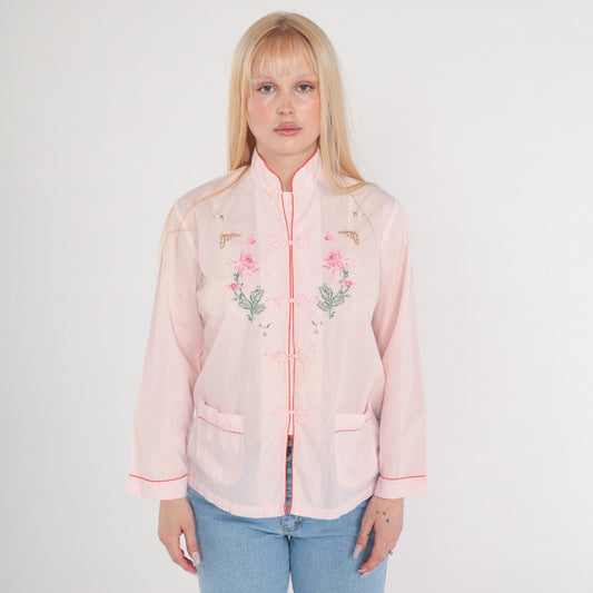 80s Baby Pink Mandarin Collar Blouse Butterfly Floral Embroidered Frog Button Small