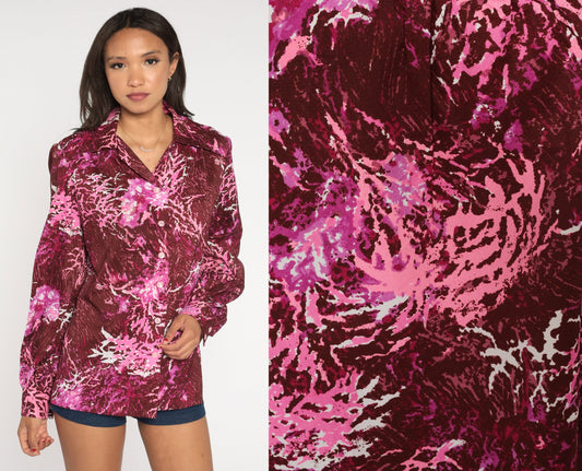 70s Burgundy Abstract Button-Up Blouse Dagger Collar Disco Shirt Extra Large