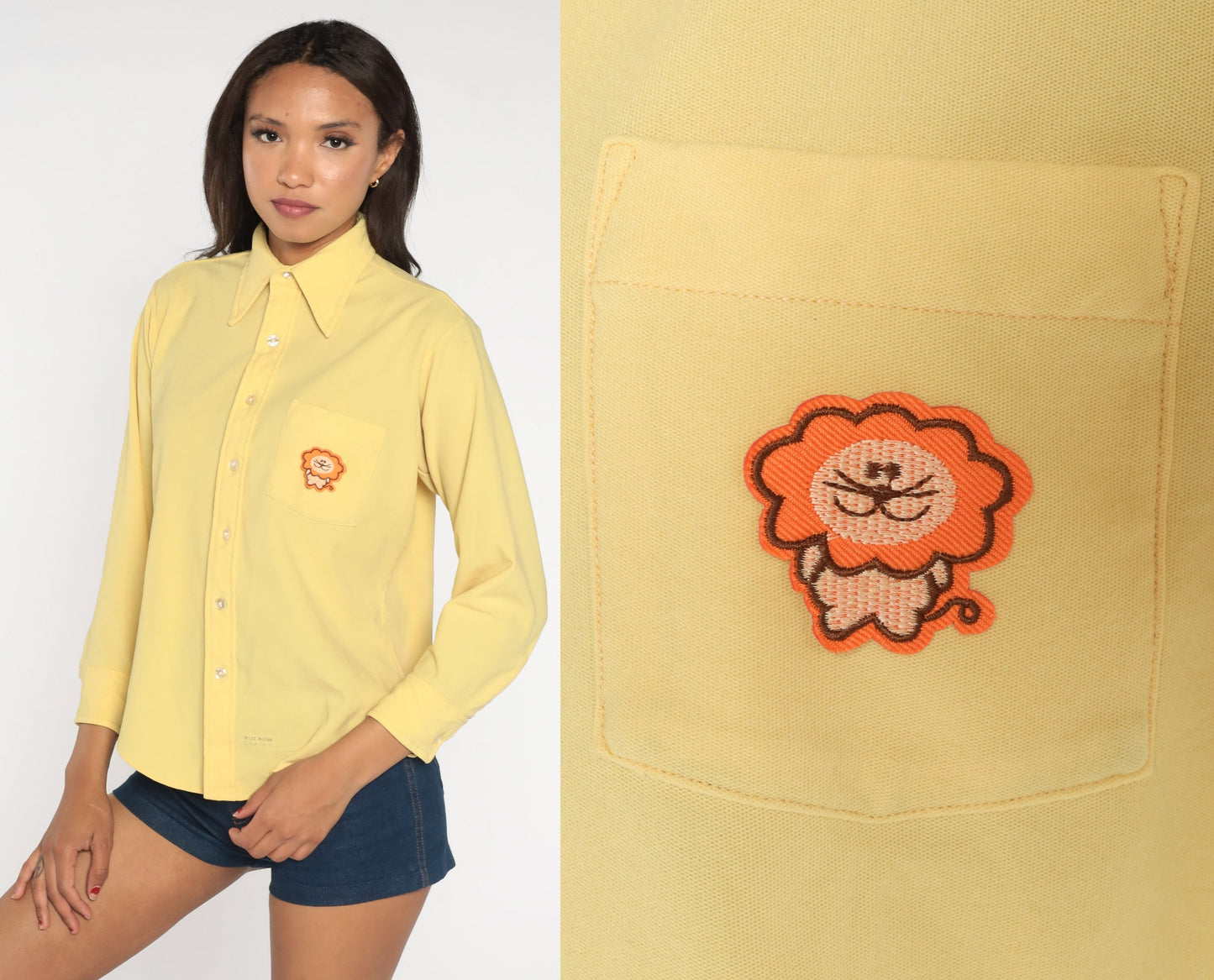 70s Lion Chest Print Button Up Shirt Yellow Long Sleeve Men's Large